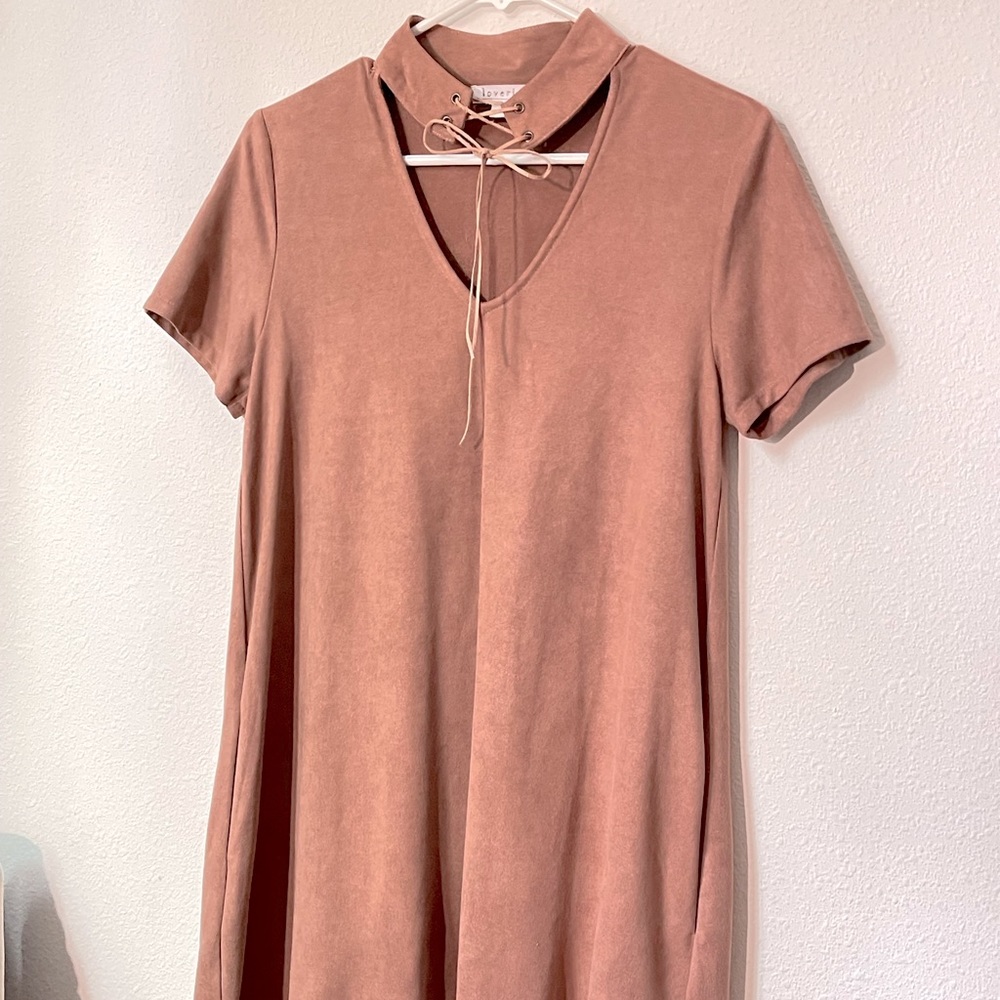 dusty pink blush velvet dress with bow laces neck choker size small boutique